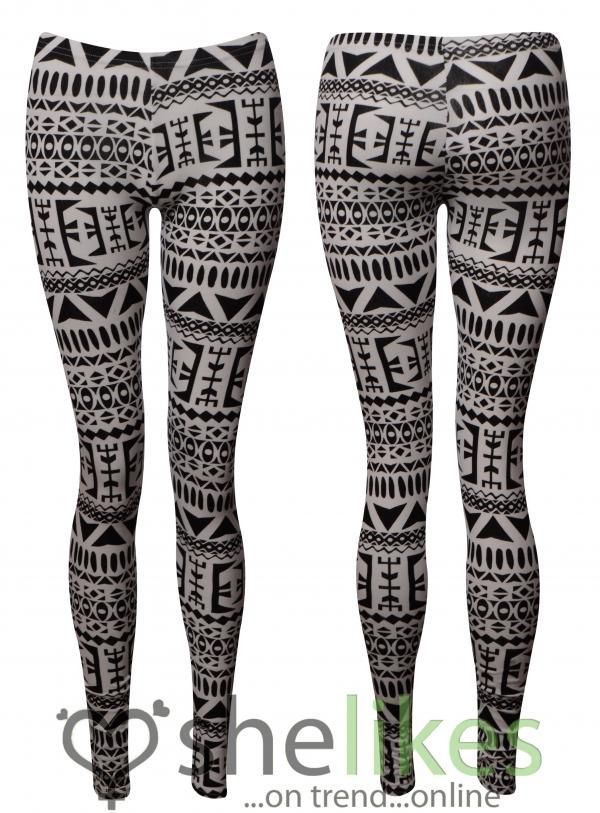 Womens Full Length Leggings Ladies Black White Aztec Tribal Print 
