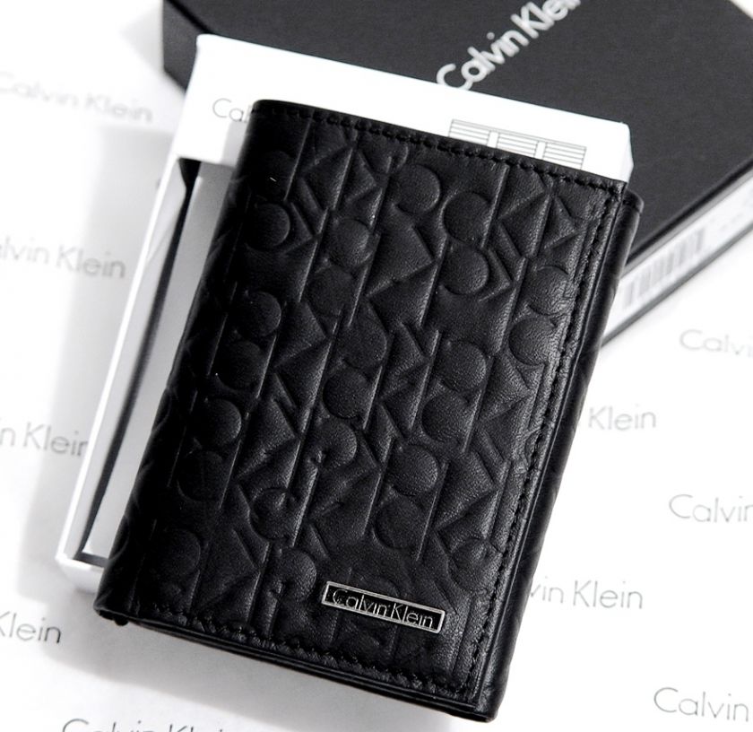 NEW Calvin Klein Mens CK Embossed Black Leather Wallet  