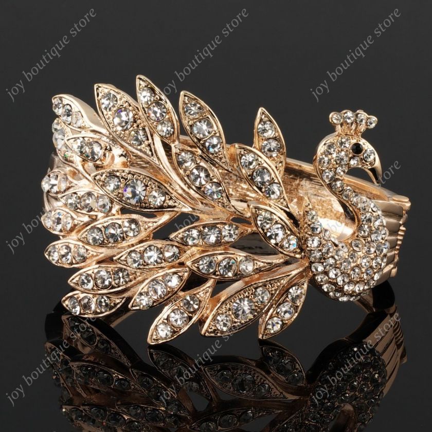 Gold peacock clear Swarovski crystal bracelets cuff  