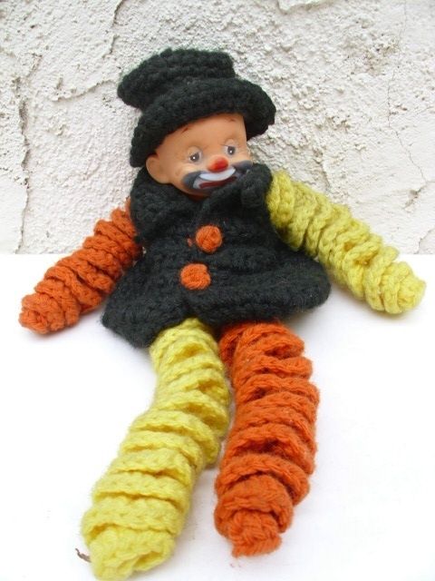 Vintage Halloween Black Orange Yellow Hobo Clown Yarn Doll W Top Hat 