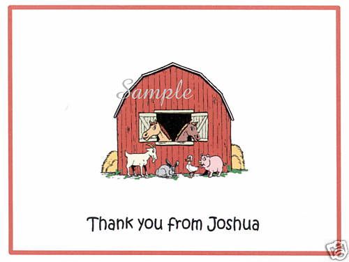 12 Personalized Thank You/Note Cards/Barn/Animals/Red  