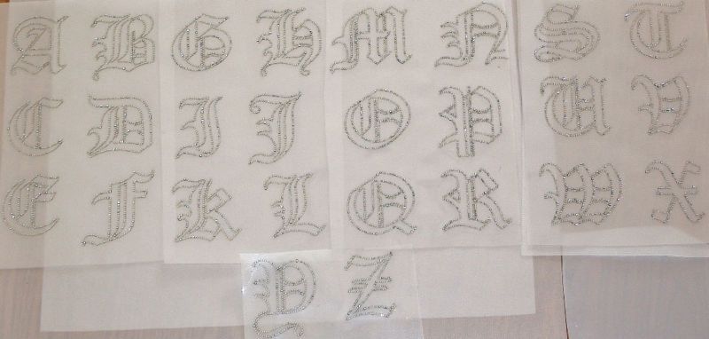 Rhinestone Iron On Transfer Old English Letter Outline  