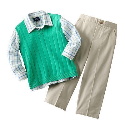 3pc Boys Suit Pants Green Vest Plaid Shirt sz 2T 3T 4T  