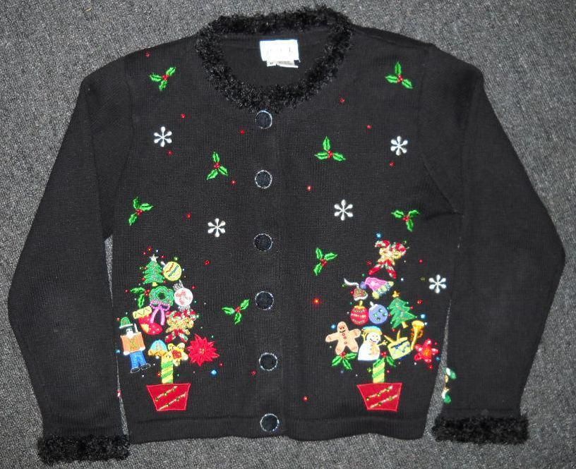 Womens Black Cardigan Ugly Christmas Sweater Fur Med  