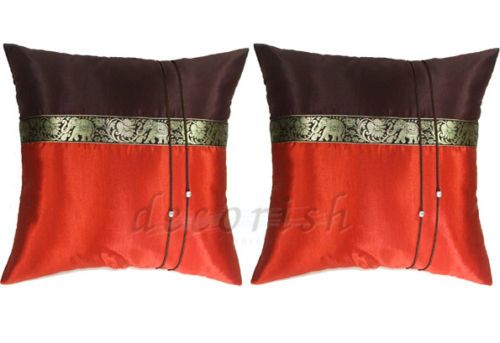 SILK COUCH PILLOW COVERS ELEPHANTS BURNT ORANGE/BROWN  