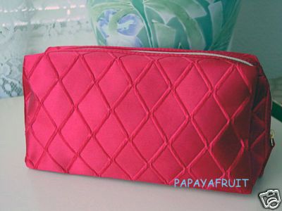 Lancome Ruby Red Diamond Quilt Satin Cosmetic Bag Purse  