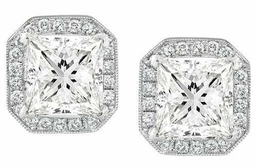36 Ct. Princess Cut Halo Diamond Earrings 14K Gold  